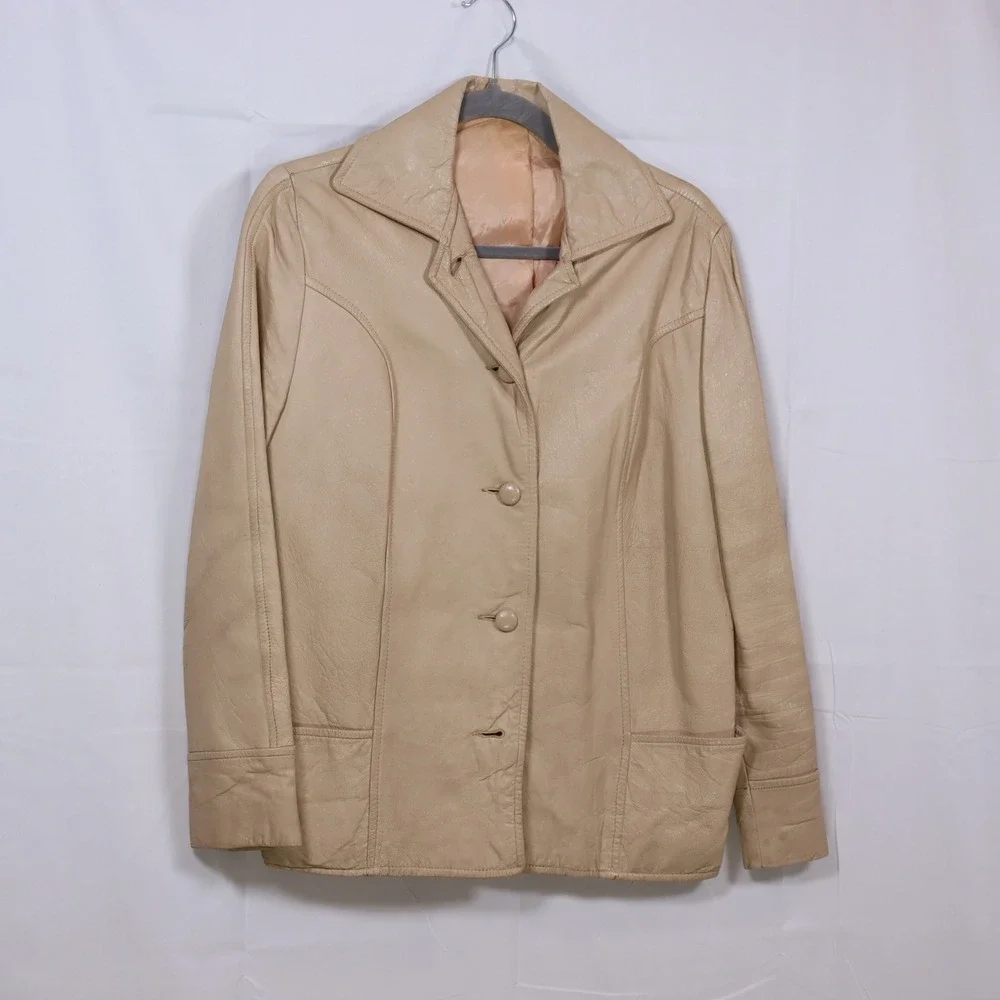 Vintage Leather Blazer‎ Jacket Beige Womens 70s Retro